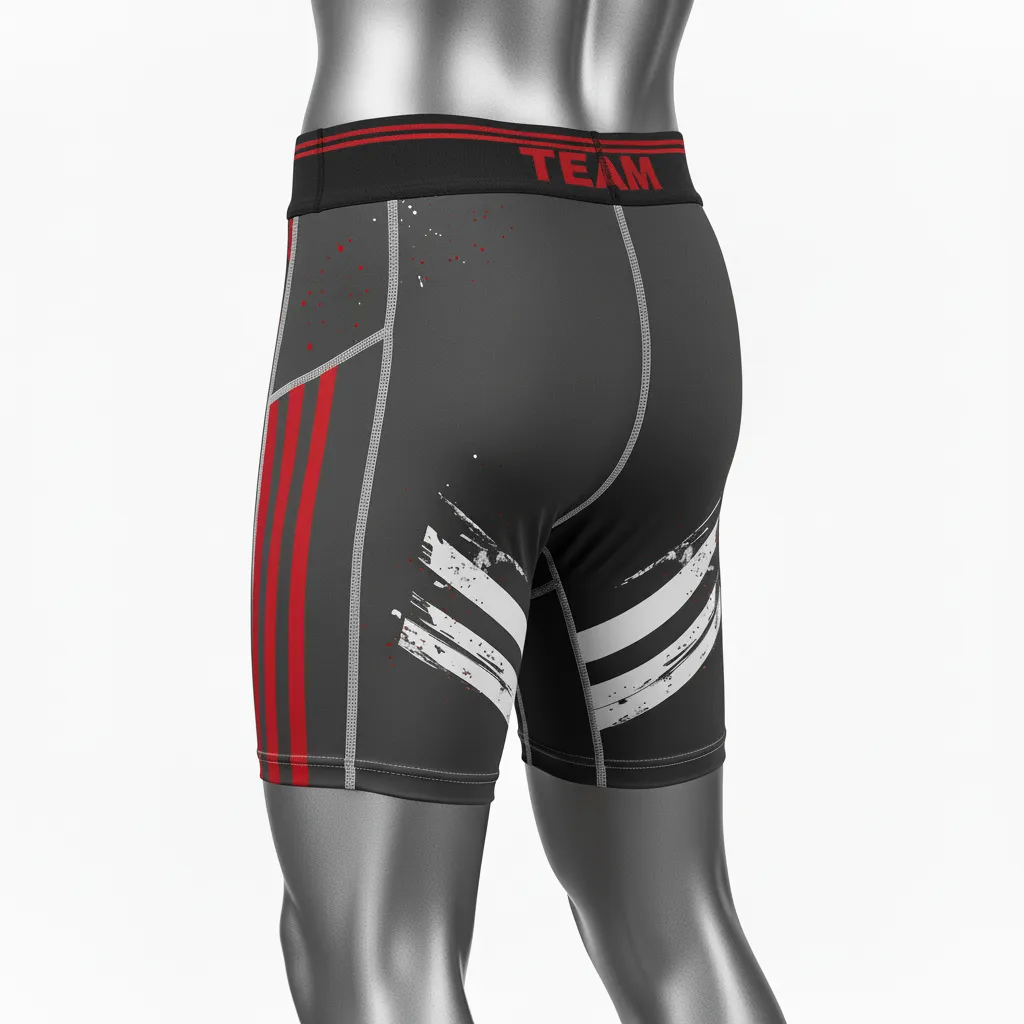 Custom Wrestling Compression Shorts - Red - Compression Shorts Charcoal Stripe - Back View - HAMCO Sports Inc.