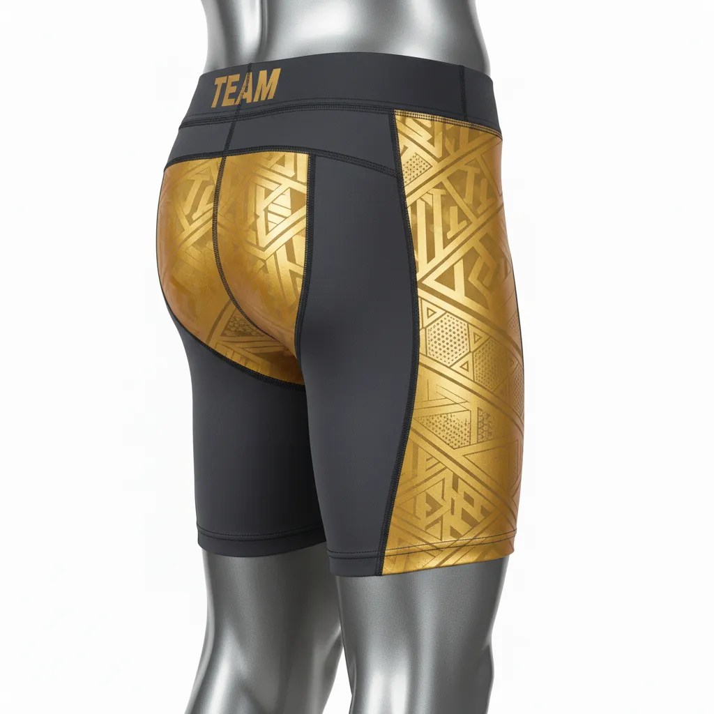Custom Wrestling Compression Shorts - Gold - Compression Shorts Charcoal Vegas Panel - Back View - HAMCO Sports Inc.