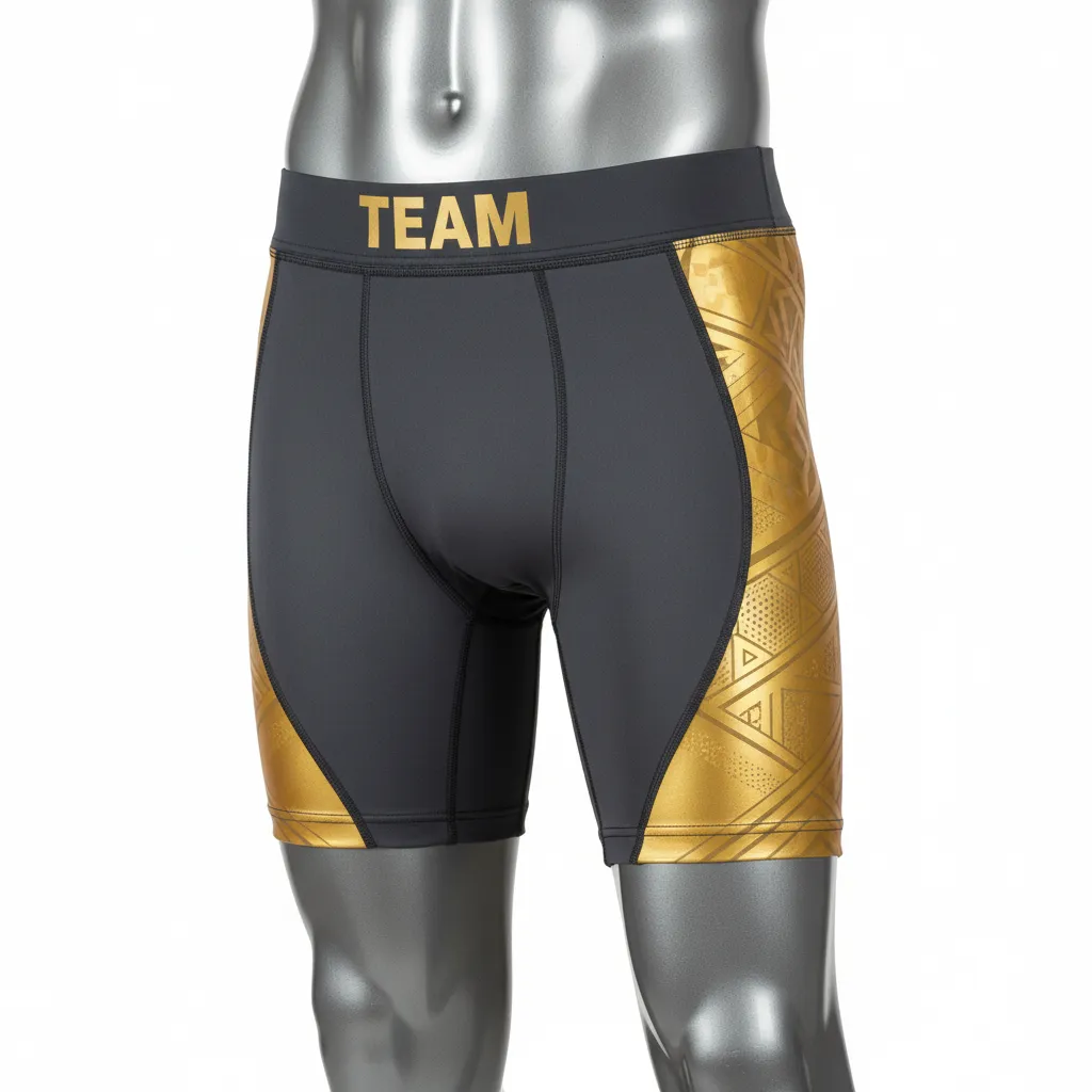 Custom Wrestling Compression Shorts - Gold - Compression Shorts Charcoal Vegas Panel - Front View - HAMCO Sports Inc.