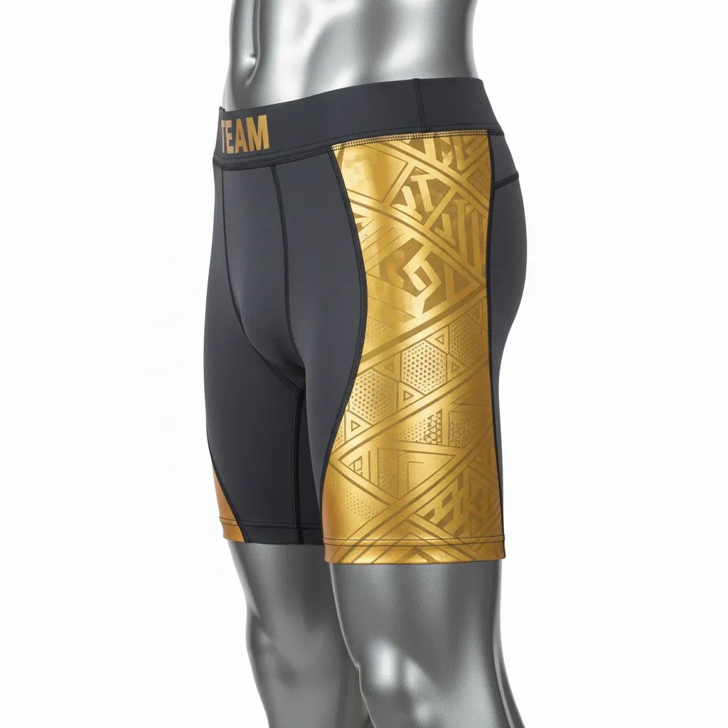 Custom Wrestling Compression Shorts - Gold - Compression Shorts Charcoal Vegas Panel - Side View - HAMCO Sports Inc.