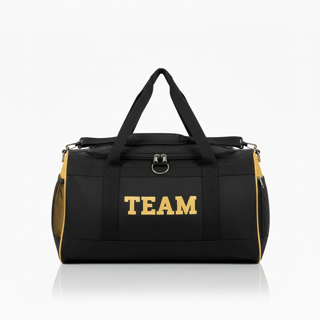 Custom Wrestling Duffle Bag - Black, Gold - Duffle Bag Vegas Side Panel - Front View - HAMCO Sports Inc.