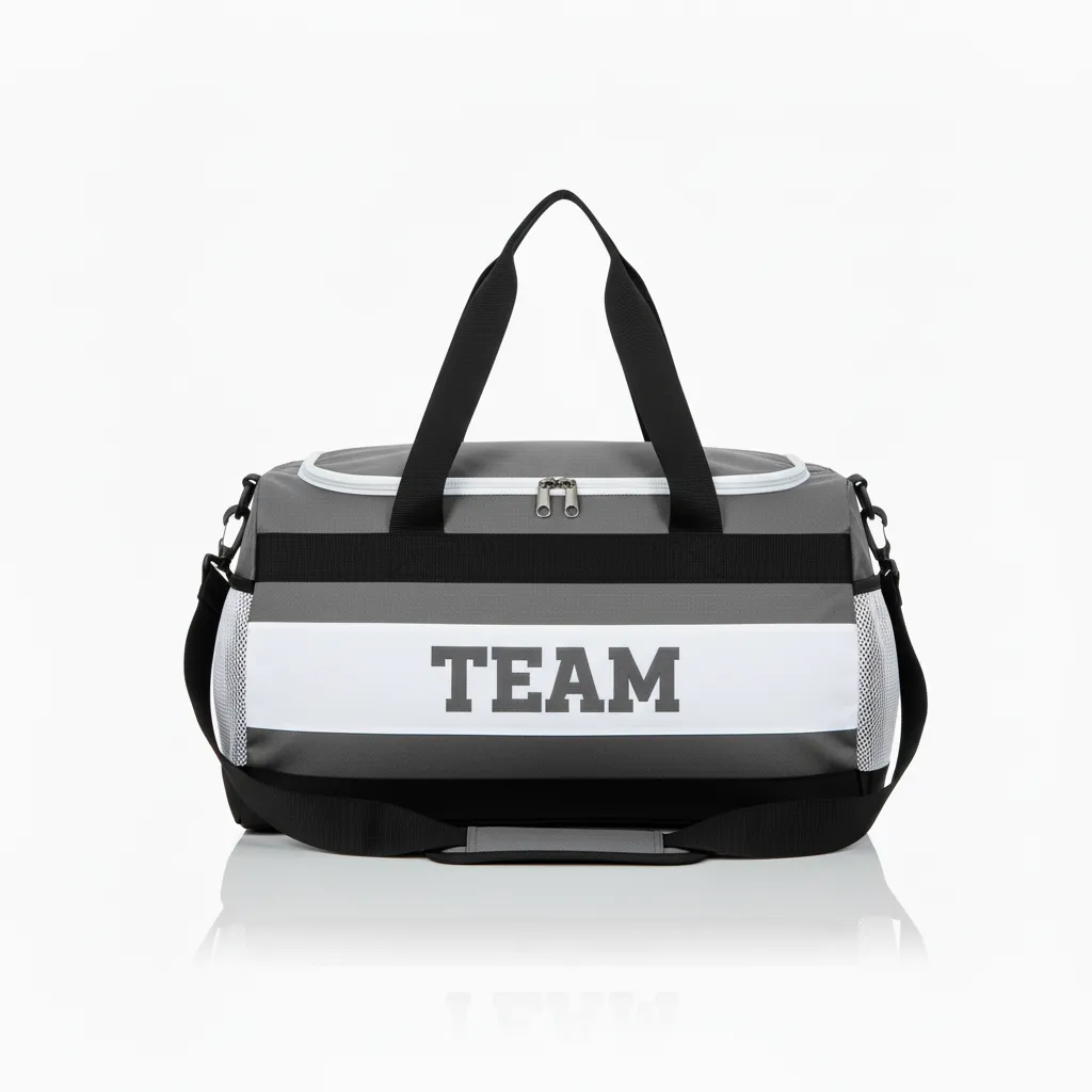 Custom Wrestling Duffle Bag - White - Duffle Bag Charcoal Contrast Stripe - Front View - HAMCO Sports Inc.