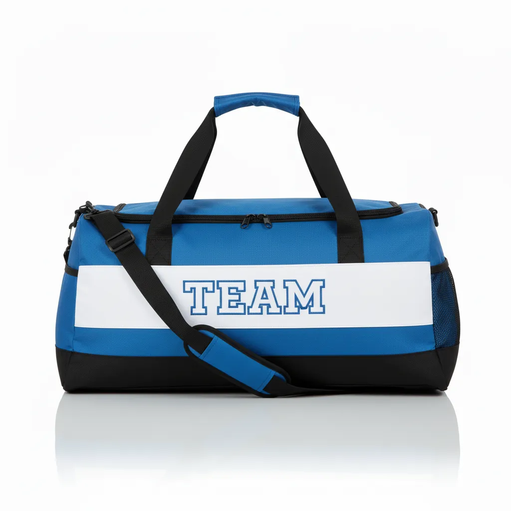 Custom Wrestling Duffle Bag - Blue, White - Duffle Bag Columbia Side Panel - Front View - HAMCO Sports Inc.