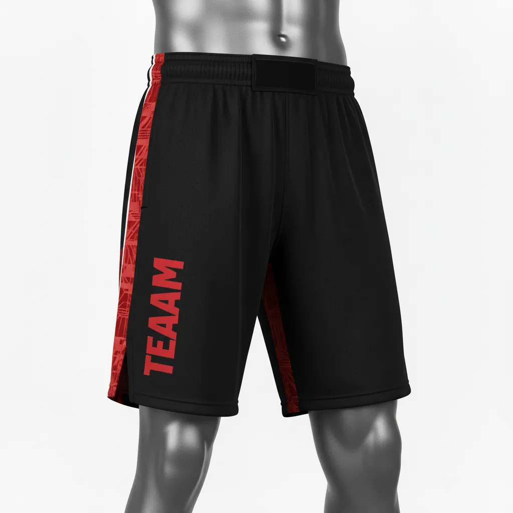 Custom Wrestling Fight Shorts - Black, Red - Fight Shorts Panel - Front View - HAMCO Sports Inc.