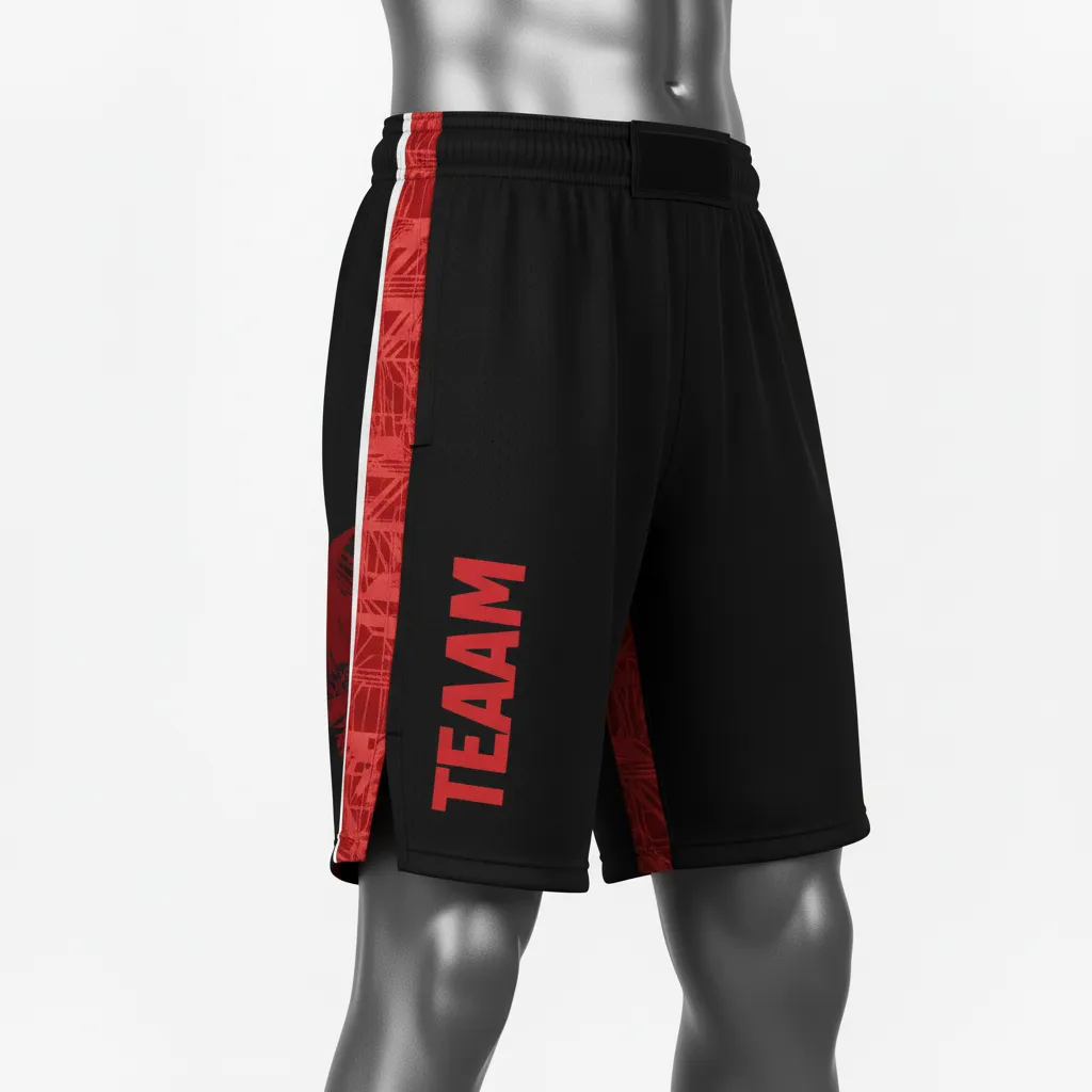 Custom Wrestling Fight Shorts - Black, Red - Fight Shorts Panel - Side View - HAMCO Sports Inc.