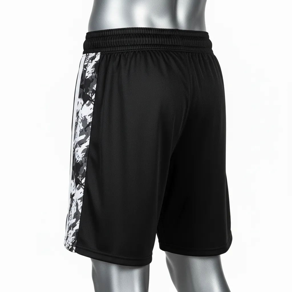 Custom Wrestling Fight Shorts - Black, White - Fight Shorts Panel - Back View - HAMCO Sports Inc.