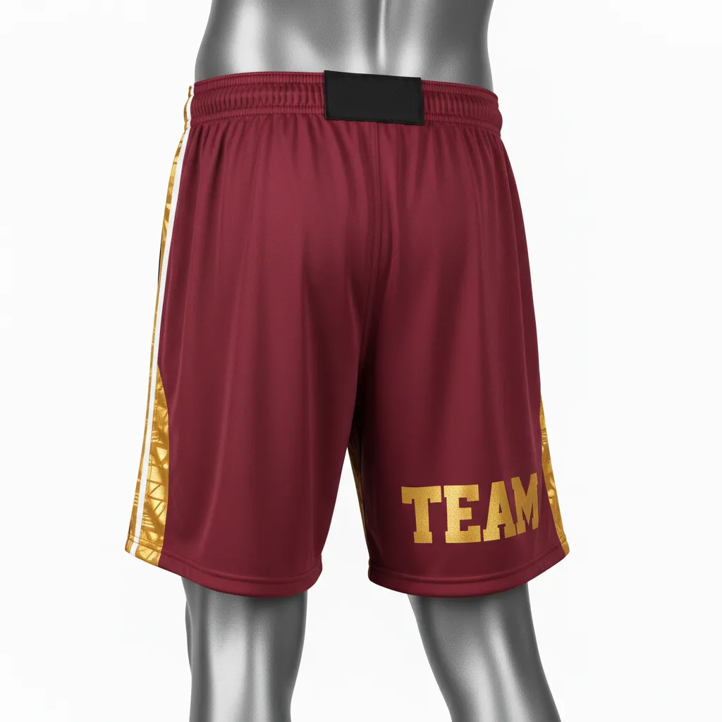Custom Wrestling Fight Shorts - Burgundy, Gold - Fight Shorts Vegas Panel - Front View - HAMCO Sports Inc.