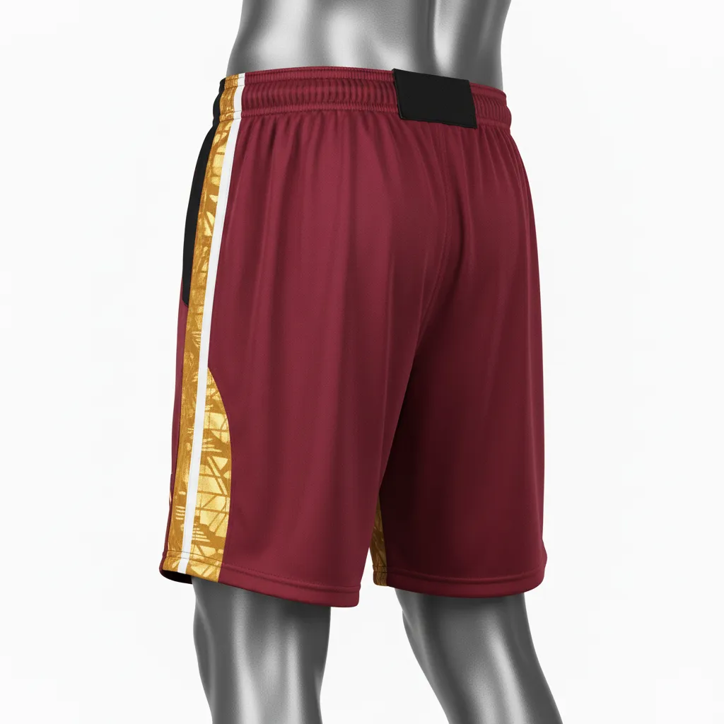 Custom Wrestling Fight Shorts - Burgundy, Gold - Fight Shorts Vegas Panel - Side View - HAMCO Sports Inc.