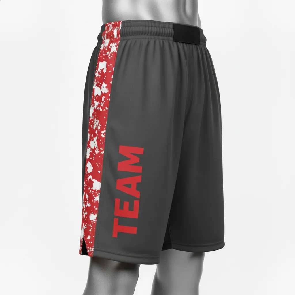 Custom Wrestling Fight Shorts - Red - Fight Shorts Charcoal Stripe - Back View - HAMCO Sports Inc.