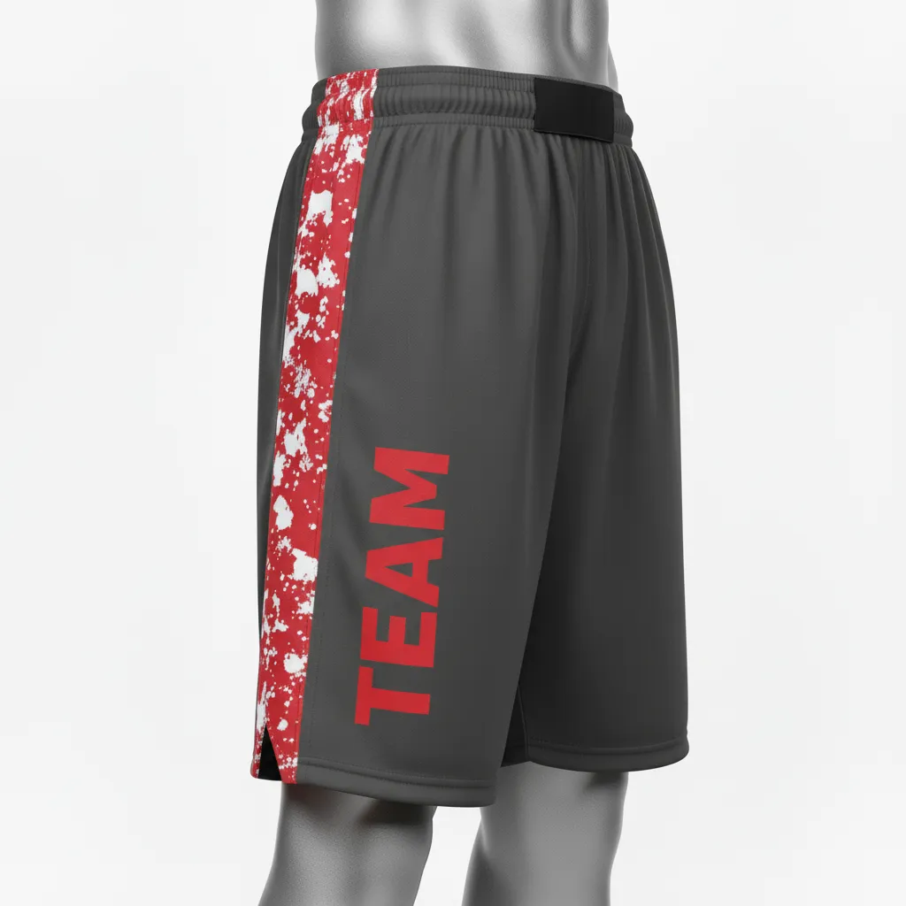 Custom Wrestling Fight Shorts - Red - Fight Shorts Charcoal Stripe - Front View - HAMCO Sports Inc.