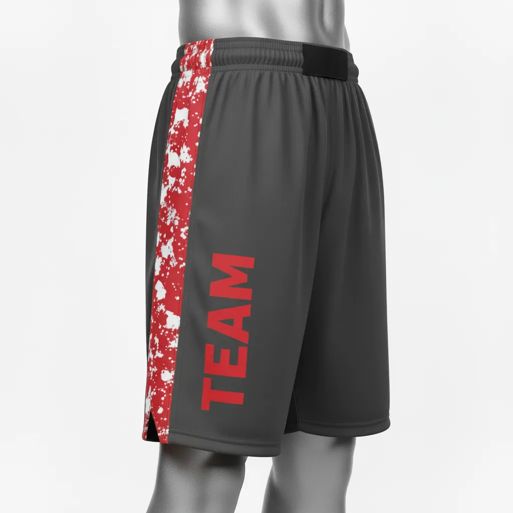 Custom Wrestling Fight Shorts - Red - Fight Shorts Charcoal Stripe - Side View - HAMCO Sports Inc.