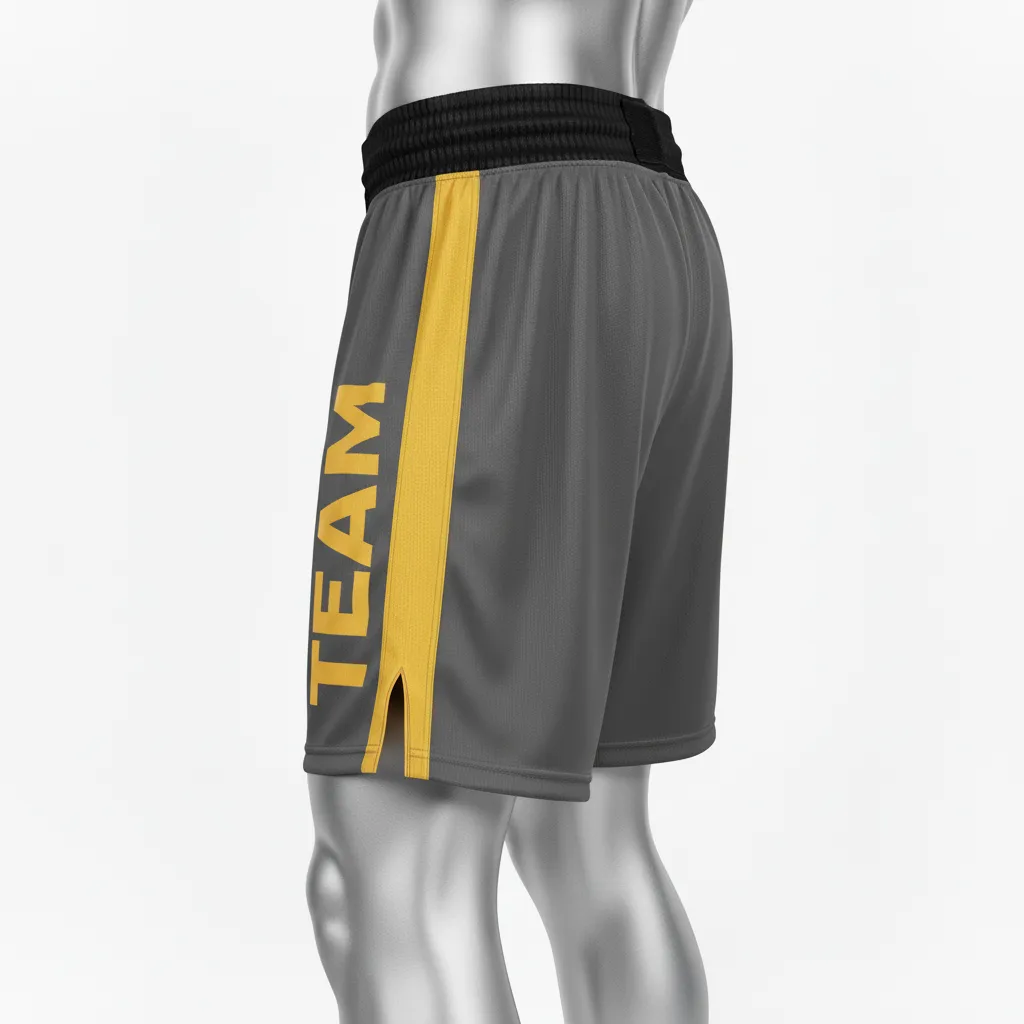 Custom Wrestling Fight Shorts - Gold - Fight Shorts Charcoal Vegas Stripe - Side View - HAMCO Sports Inc.