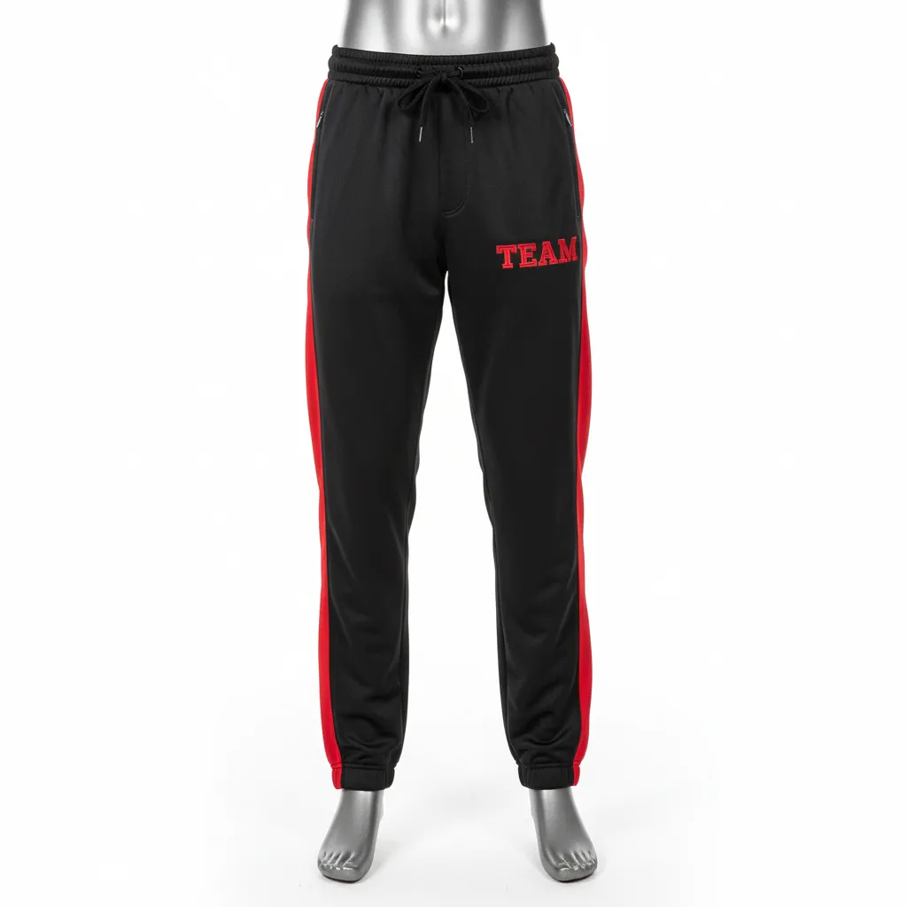 Custom Wrestling Full Length Warmup Pant - Black, Red - Warmup Pants Side Panel - Front View - HAMCO Sports Inc.
