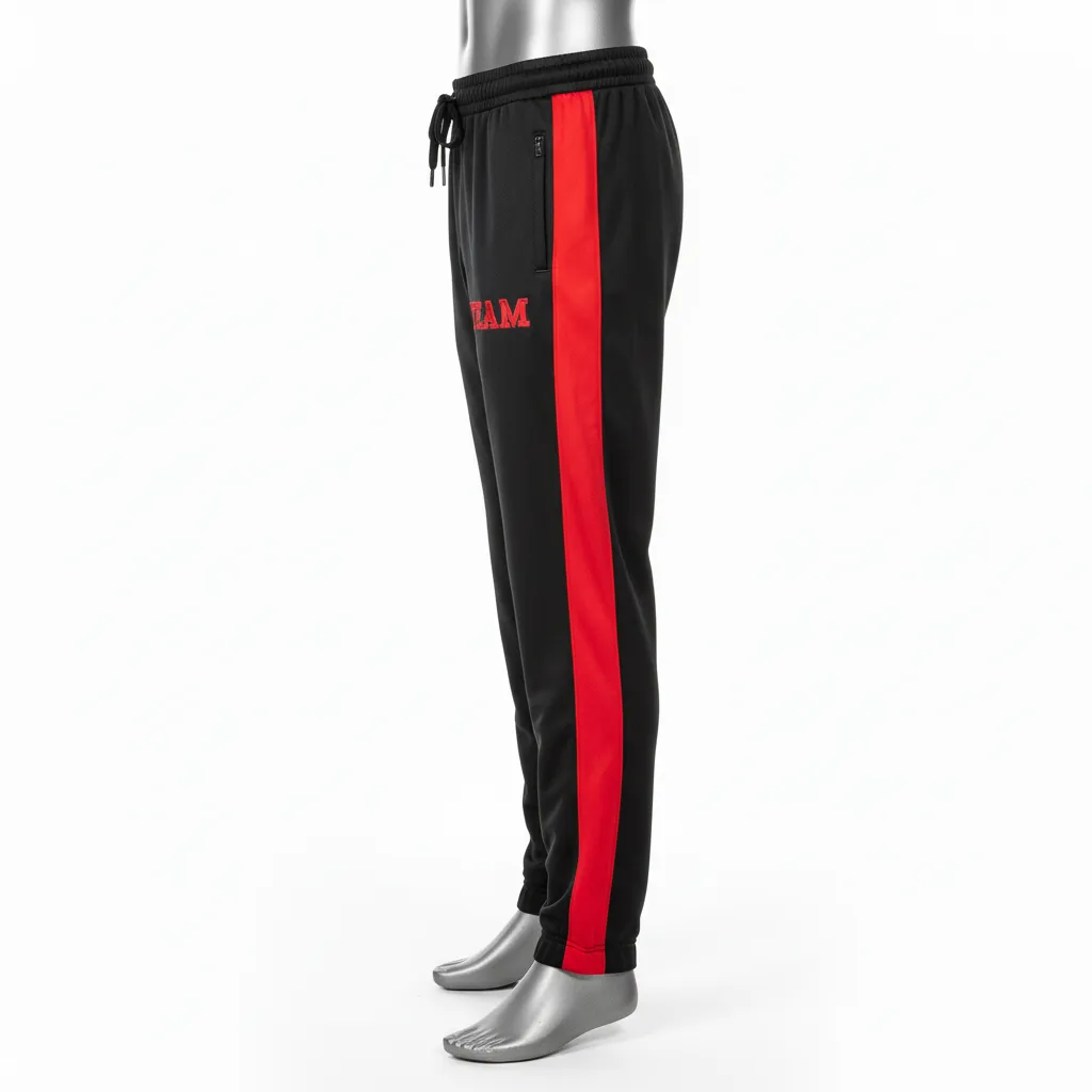 Custom Wrestling Full Length Warmup Pant - Black, Red - Warmup Pants Side Panel - Side View - HAMCO Sports Inc.