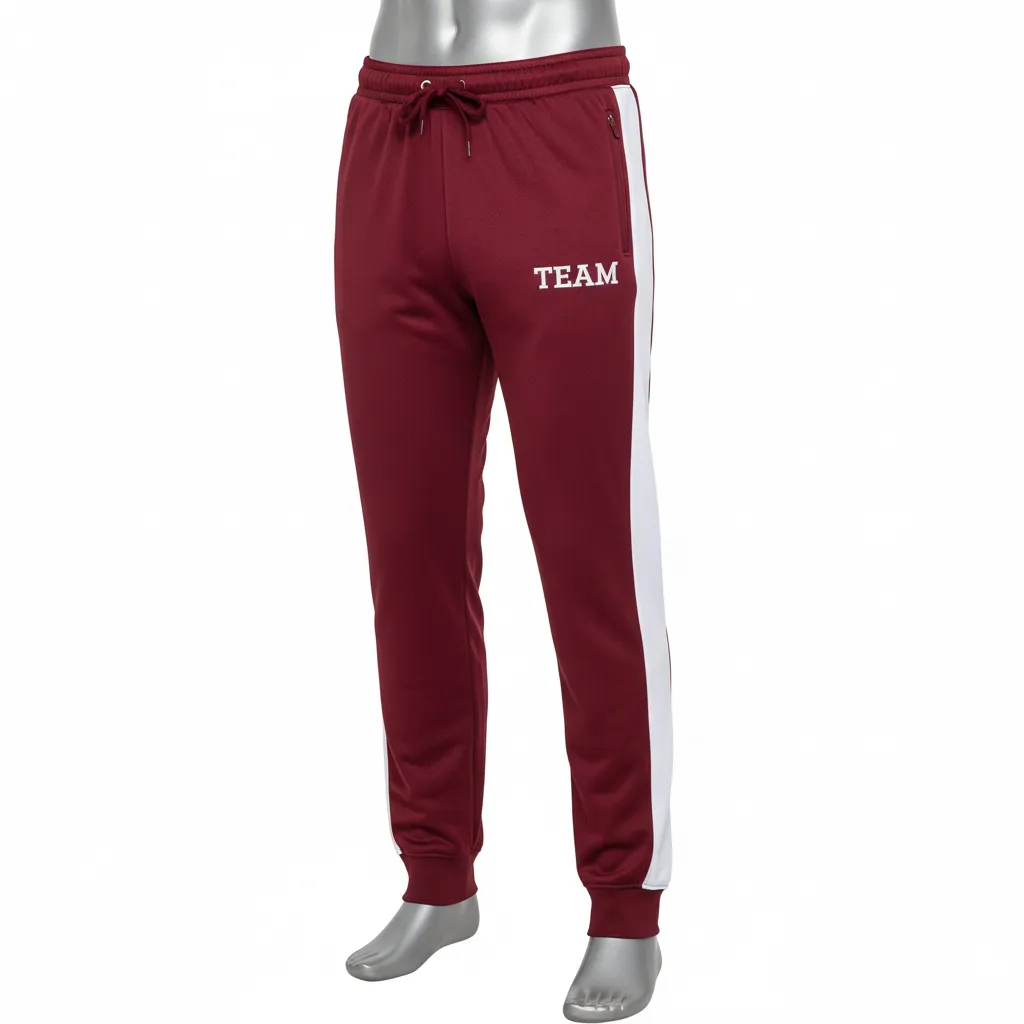Custom Wrestling Full Length Warmup Pant - Burgundy, White - Warmup Pants Side Panel - Front View - HAMCO Sports Inc.