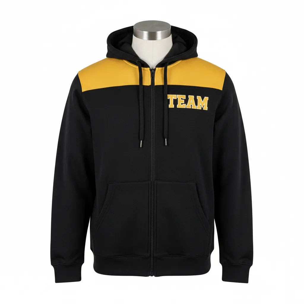 Custom Wrestling Full Zip Hoodie - Black, Gold - Full Zip Hoodie Vegas Shoulder Stripe - Front View - HAMCO Sports Inc.