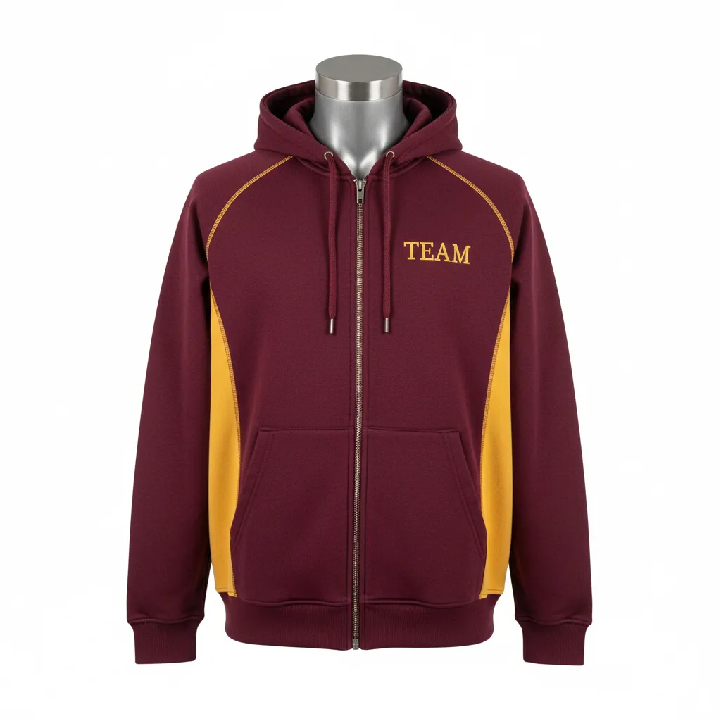 Custom Wrestling Full Zip Hoodie - Burgundy, Gold - Full Zip Hoodie Vegas Side Panel - Front View - HAMCO Sports Inc.