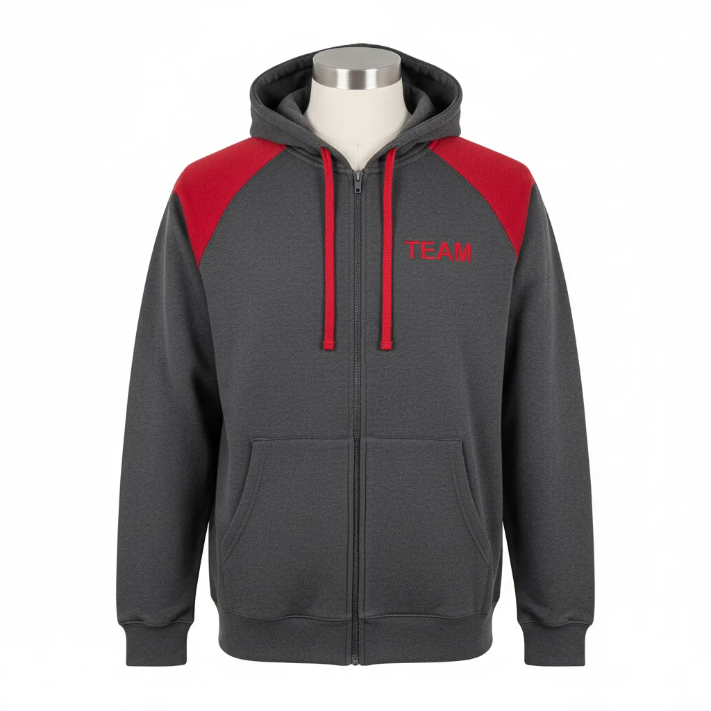Custom Wrestling Full Zip Hoodie - Red - Full Zip Hoodie Charcoal Shoulder Panel - Front View - HAMCO Sports Inc.