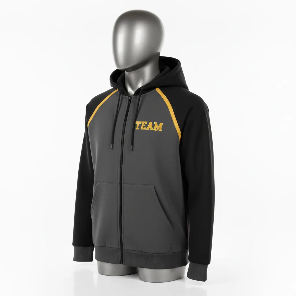 Custom Wrestling Full Zip Hoodie - Gold - Full Zip Hoodie Charcoal Vegas Shoulder Stripe - Front View - HAMCO Sports Inc.