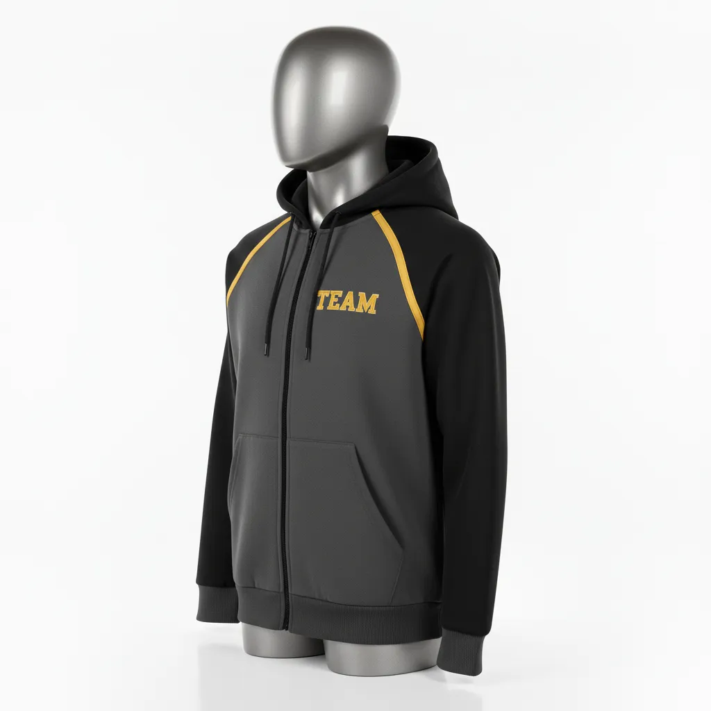 Custom Wrestling Full Zip Hoodie - Gold - Full Zip Hoodie Charcoal Vegas Shoulder Stripe - Side View - HAMCO Sports Inc.