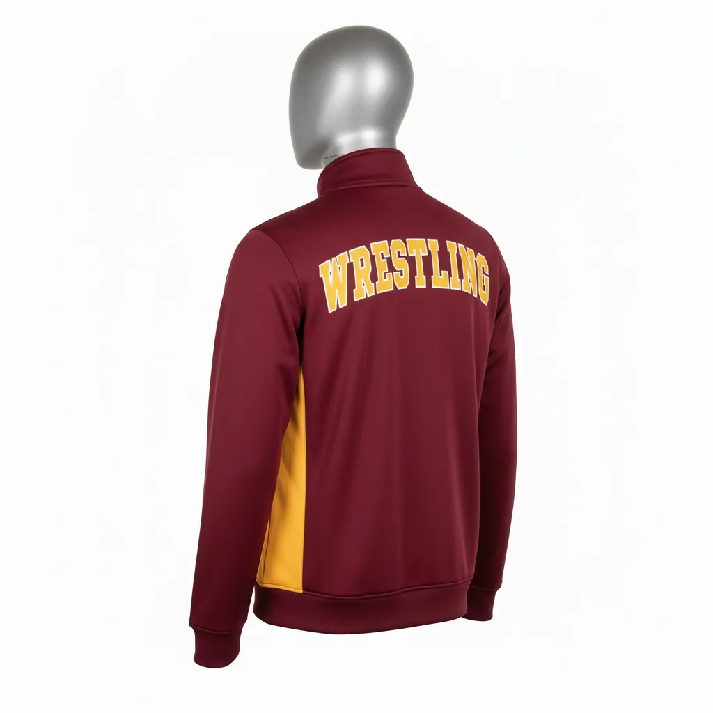 Custom Wrestling Full Zip Warmup Jacket - Burgundy, Gold - Full Zip Jacket Vegas Side Panel - Back View - HAMCO Sports Inc.