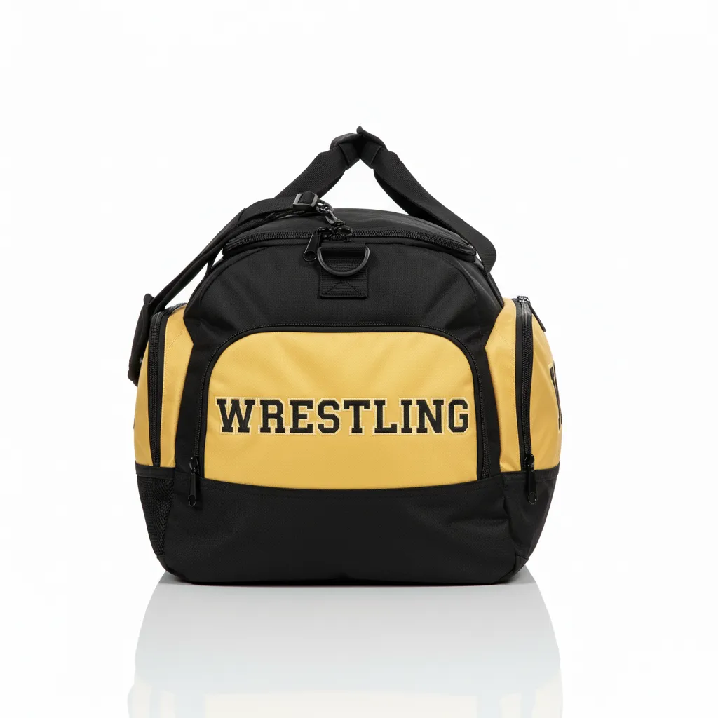 Custom Wrestling Gearbag - Black, Gold - Gear Bag Vegas Front Panel - Side View - HAMCO Sports Inc.