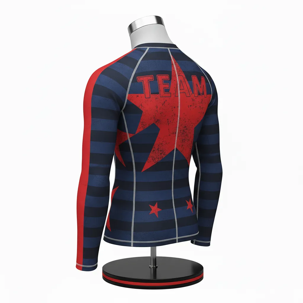 Custom Wrestling Long Sleeve Compression Shirt - Black, Red - Long Sleeve Compression Shirt Sleeve Stripe - Back View - HAMCO Sports Inc.