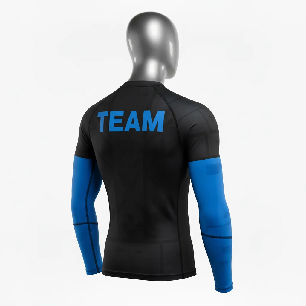 Custom Wrestling Long Sleeve Compression Shirt - Black - Long Sleeve Compression Shirt Royal Sleeve Stripe - Back View - HAMCO Sports Inc.