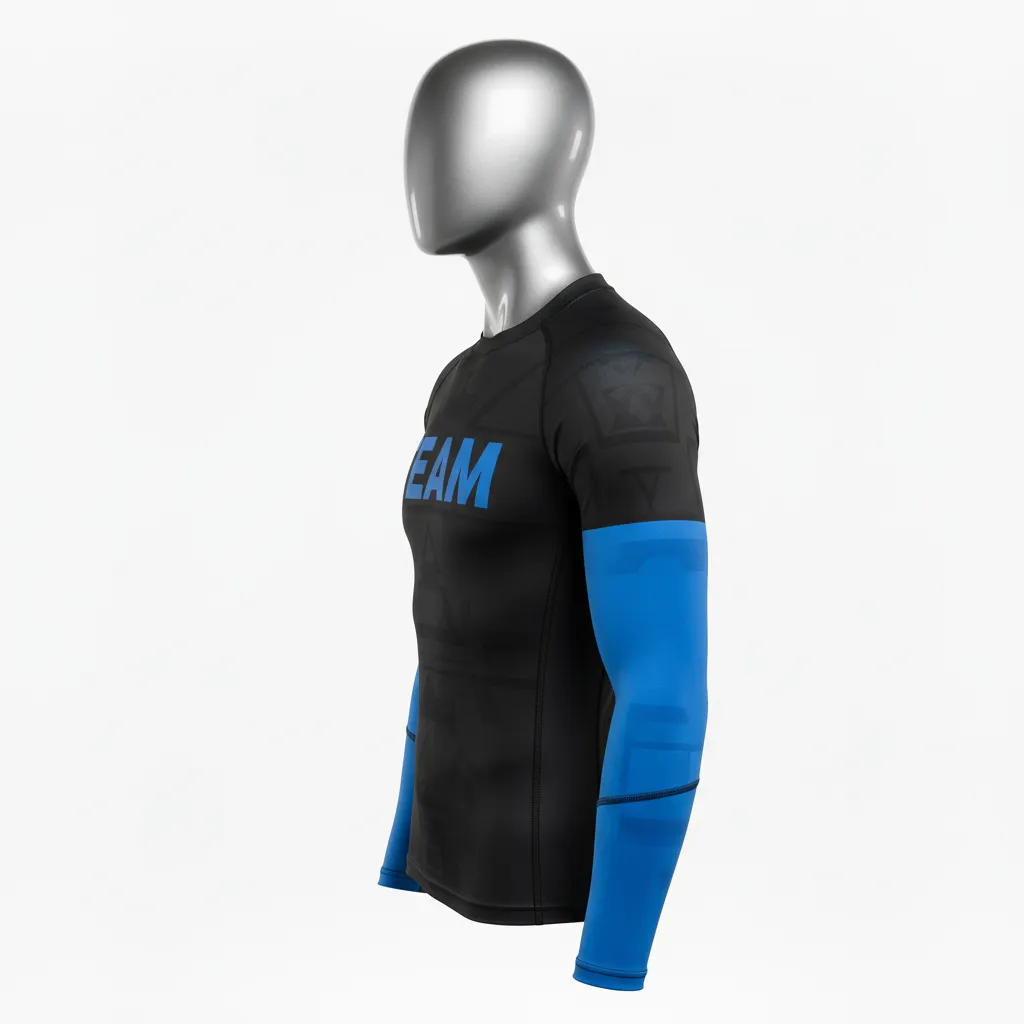 Custom Wrestling Long Sleeve Compression Shirt - Black - Long Sleeve Compression Shirt Royal Sleeve Stripe - Side View - HAMCO Sports Inc.