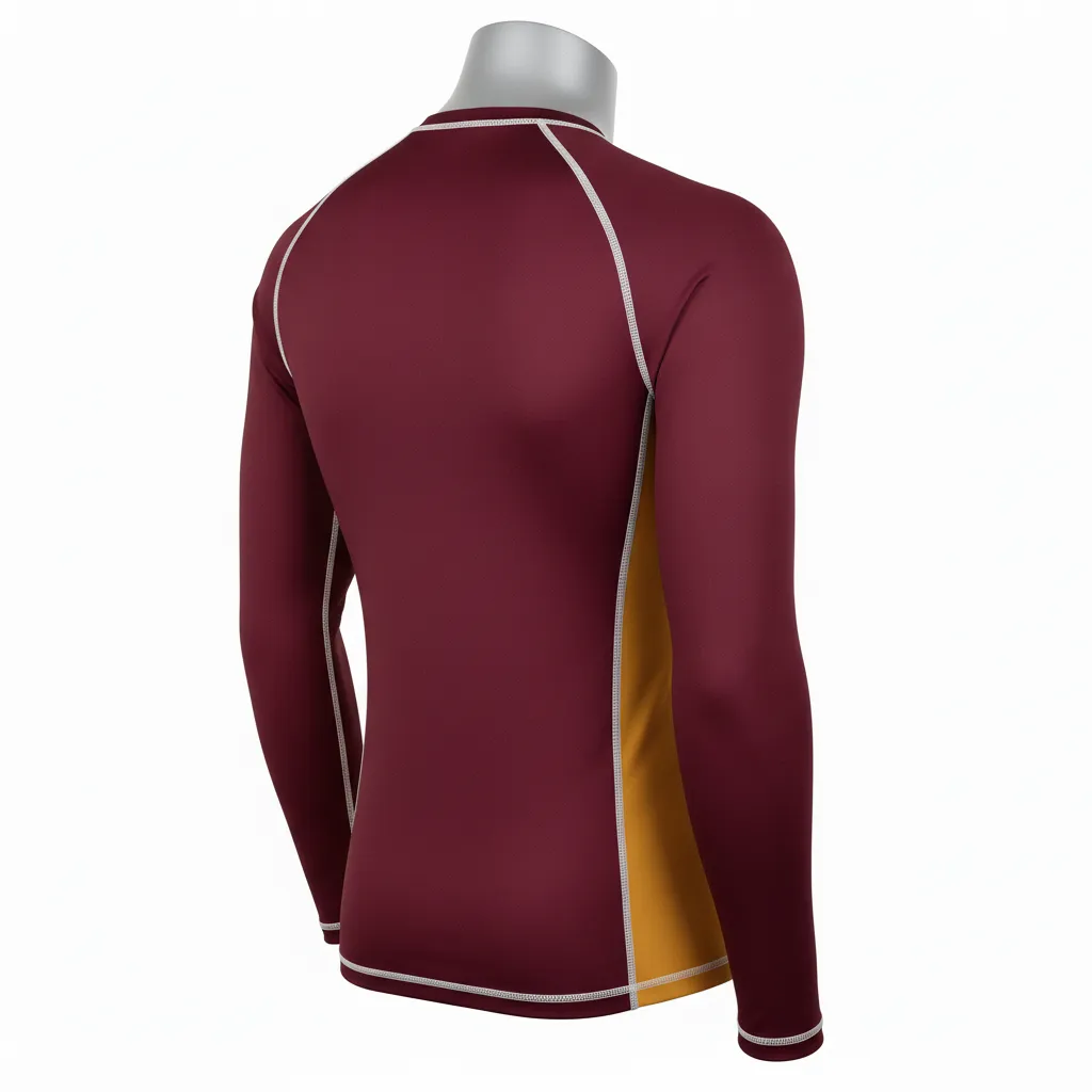 Custom Wrestling Long Sleeve Compression Shirt - Burgundy, Gold - Long Sleeve Compression Shirt Vegas Side Stripe - Back View - HAMCO Sports Inc.