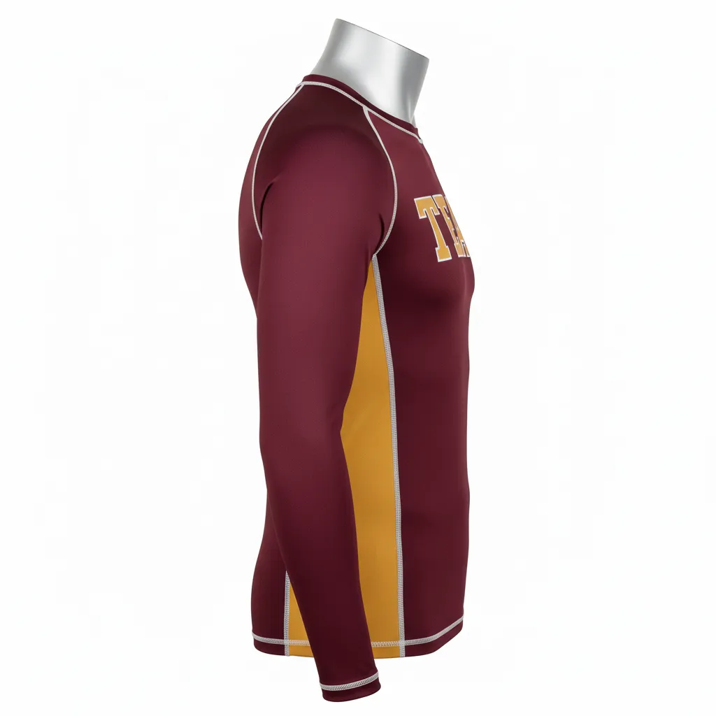 Custom Wrestling Long Sleeve Compression Shirt - Burgundy, Gold - Long Sleeve Compression Shirt Vegas Side Stripe - Side View - HAMCO Sports Inc.