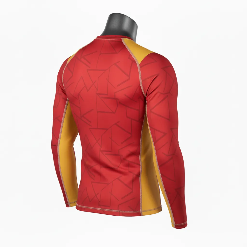 Custom Wrestling Long Sleeve Compression Shirt - Gold - Long Sleeve Compression Shirt Cardinal Vegas Shoulder Panel - Back View - HAMCO Sports Inc.