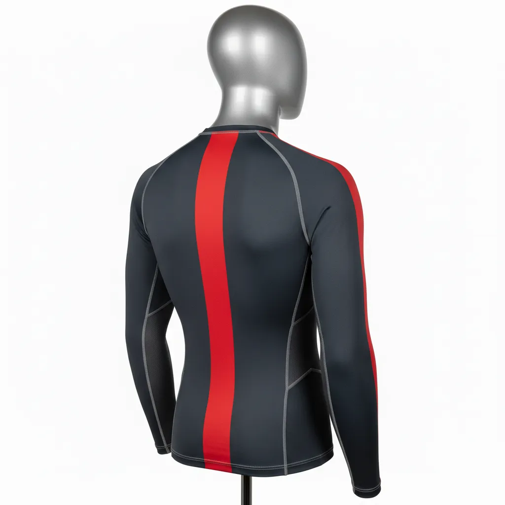 Custom Wrestling Long Sleeve Compression Shirt - Red - Long Sleeve Compression Shirt Charcoal Sleeve Stripe - Back View - HAMCO Sports Inc.