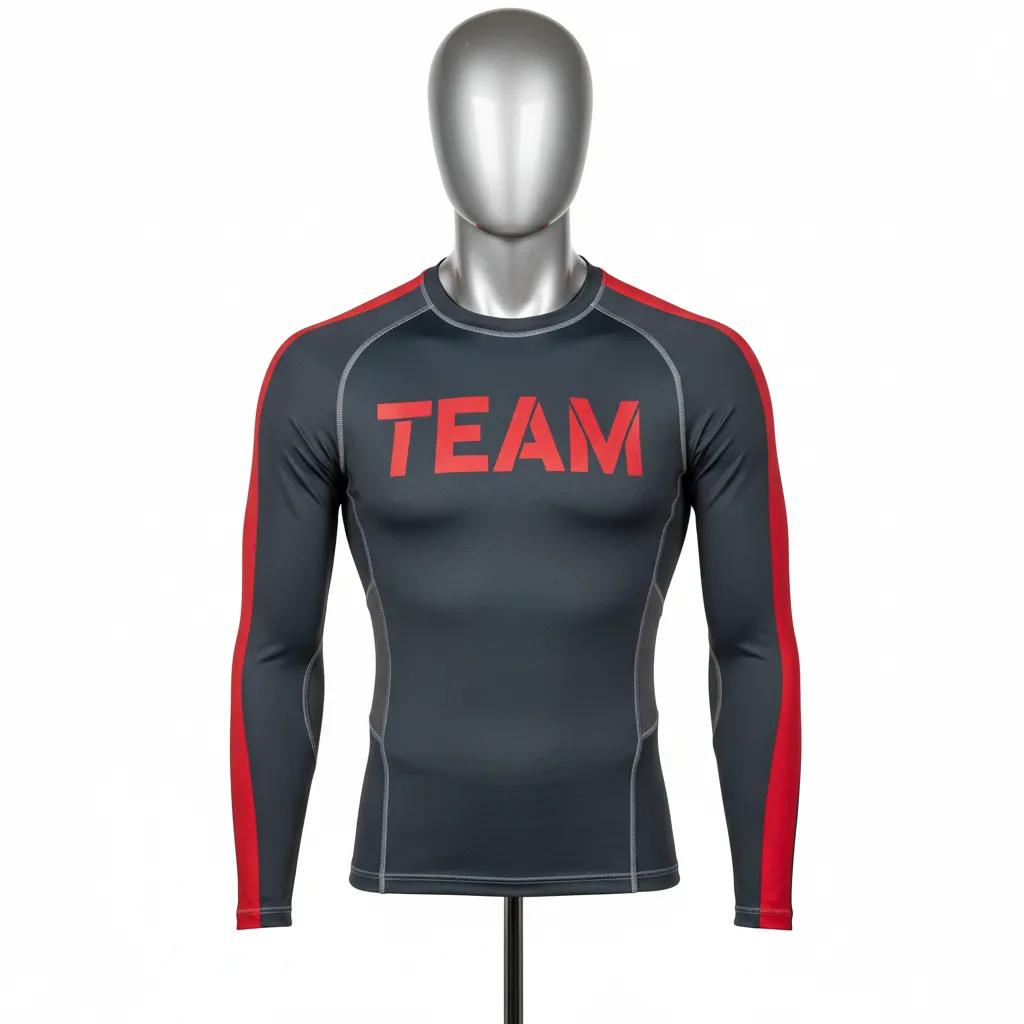 Custom Wrestling Long Sleeve Compression Shirt - Red - Long Sleeve Compression Shirt Charcoal Sleeve Stripe - Front View - HAMCO Sports Inc.