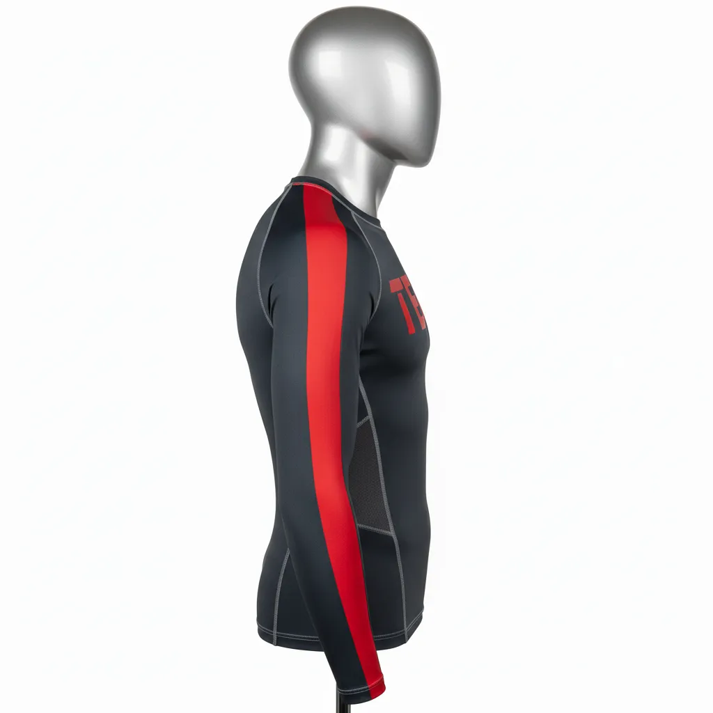 Custom Wrestling Long Sleeve Compression Shirt - Red - Long Sleeve Compression Shirt Charcoal Sleeve Stripe - Side View - HAMCO Sports Inc.