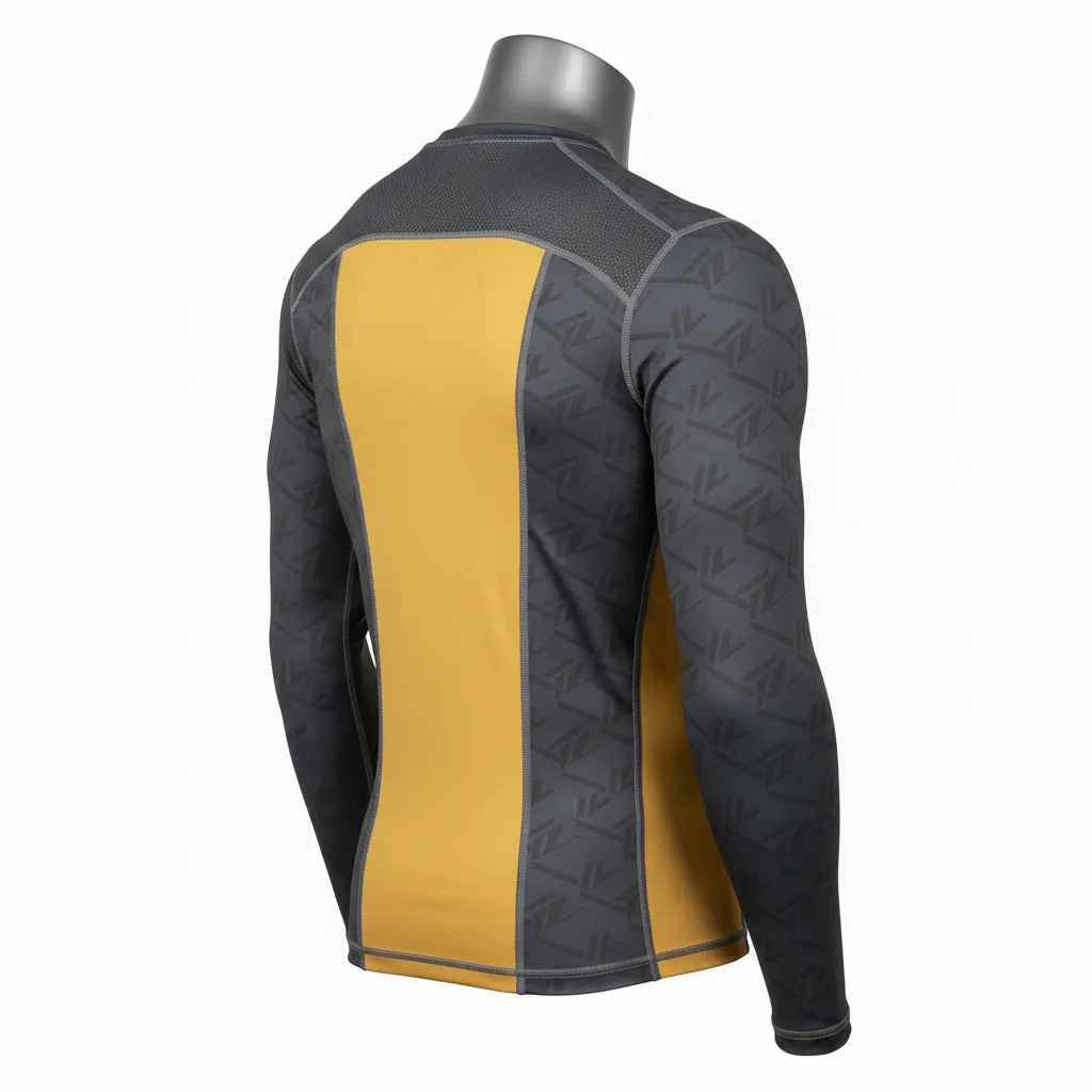 Custom Wrestling Long Sleeve Compression Shirt - Gold - Long Sleeve Compression Shirt Charcoal Vegas Side Panel - Back View - HAMCO Sports Inc.