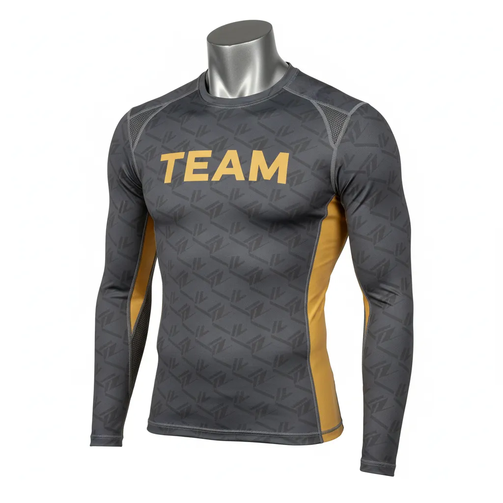 Custom Wrestling Long Sleeve Compression Shirt - Gold - Long Sleeve Compression Shirt Charcoal Vegas Side Panel - Front View - HAMCO Sports Inc.