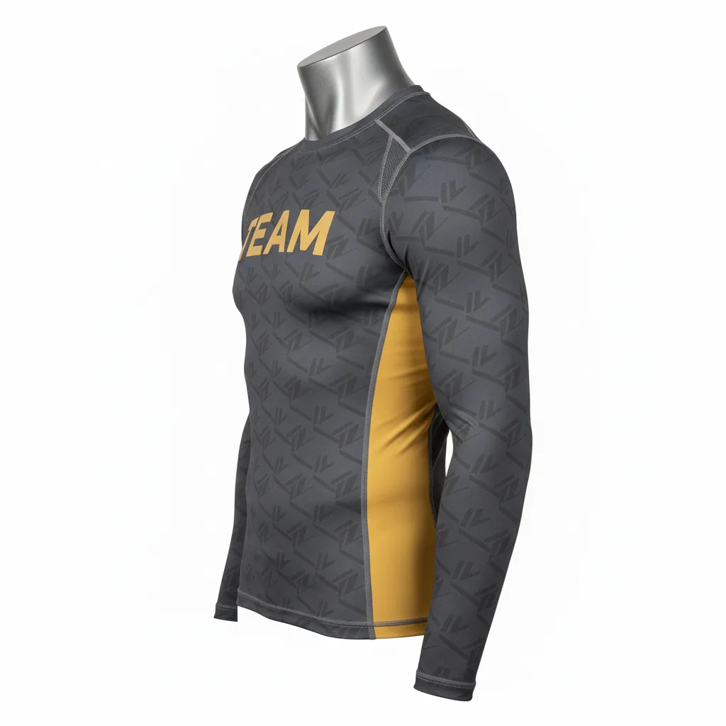 Custom Wrestling Long Sleeve Compression Shirt - Gold - Long Sleeve Compression Shirt Charcoal Vegas Side Panel - Side View - HAMCO Sports Inc.