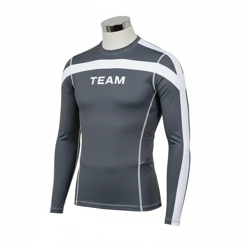 Custom Wrestling Long Sleeve Compression Shirt - White - Long Sleeve Compression Shirt Charcoal Shoulder Stripe - Front View - HAMCO Sports Inc.