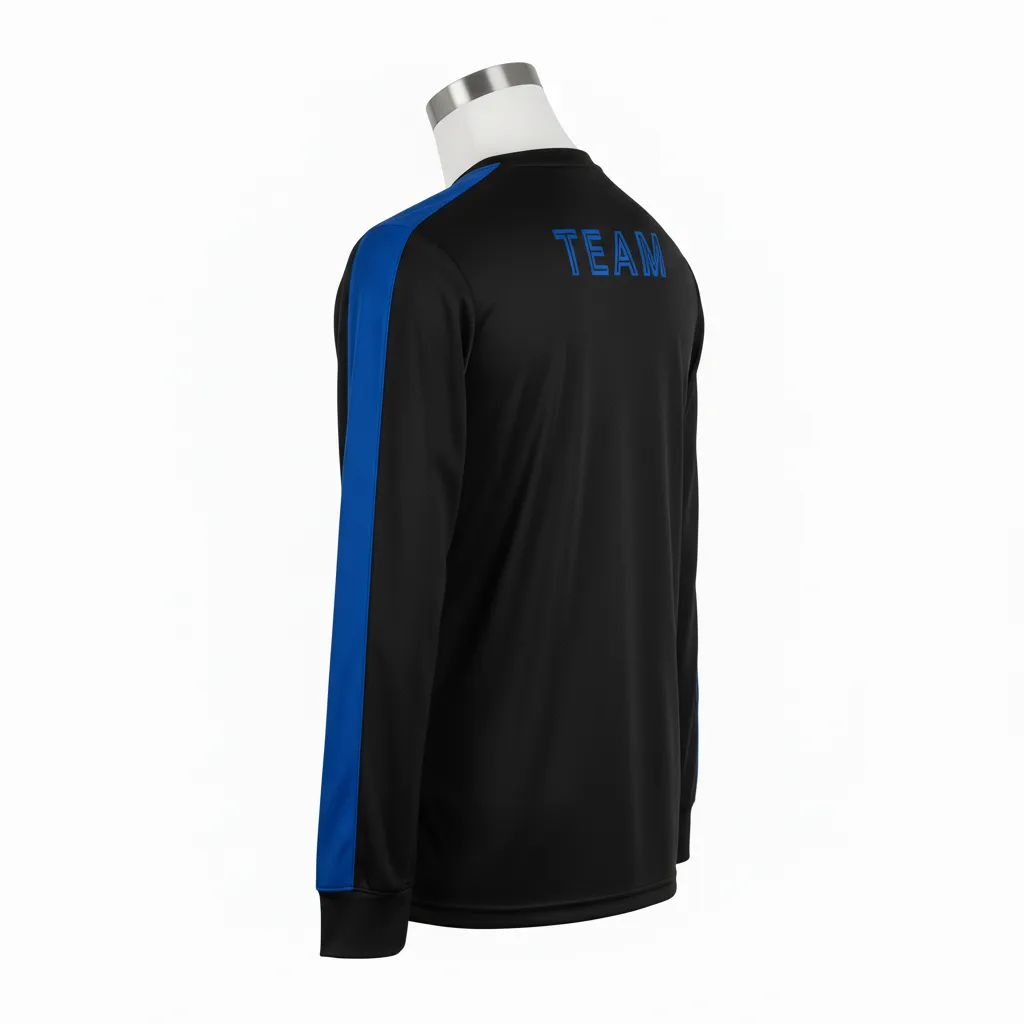 Custom Wrestling Long Sleeve Performance Shirt - Black - Long Sleeve Performance Shirt Royal Sleeve Stripe - Back View - HAMCO Sports Inc.