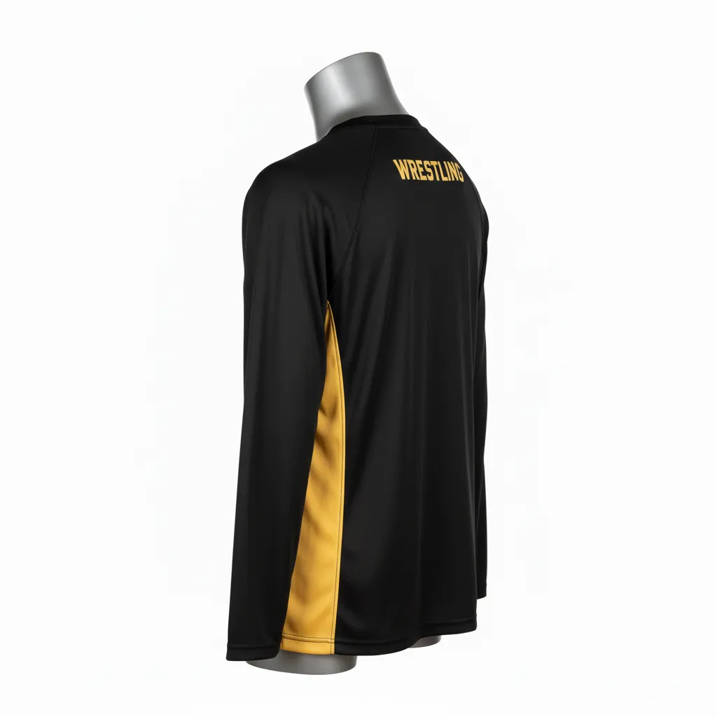 Custom Wrestling Long Sleeve Performance Shirt - Black, Gold - Long Sleeve Performance Shirt Vegas Side Panel - Back View - HAMCO Sports Inc.