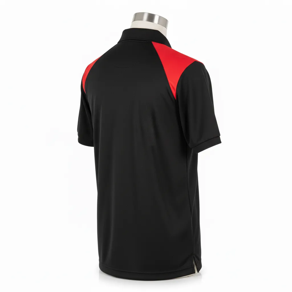 Custom Wrestling Performance Polo Shirt - Black, Red - Polo Shirt Shoulder Panel - Back View - HAMCO Sports Inc.