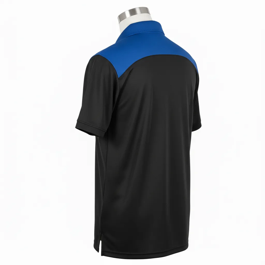Custom Wrestling Performance Polo Shirt - Black - Polo Shirt Royal Shoulder Panel - Back View - HAMCO Sports Inc.