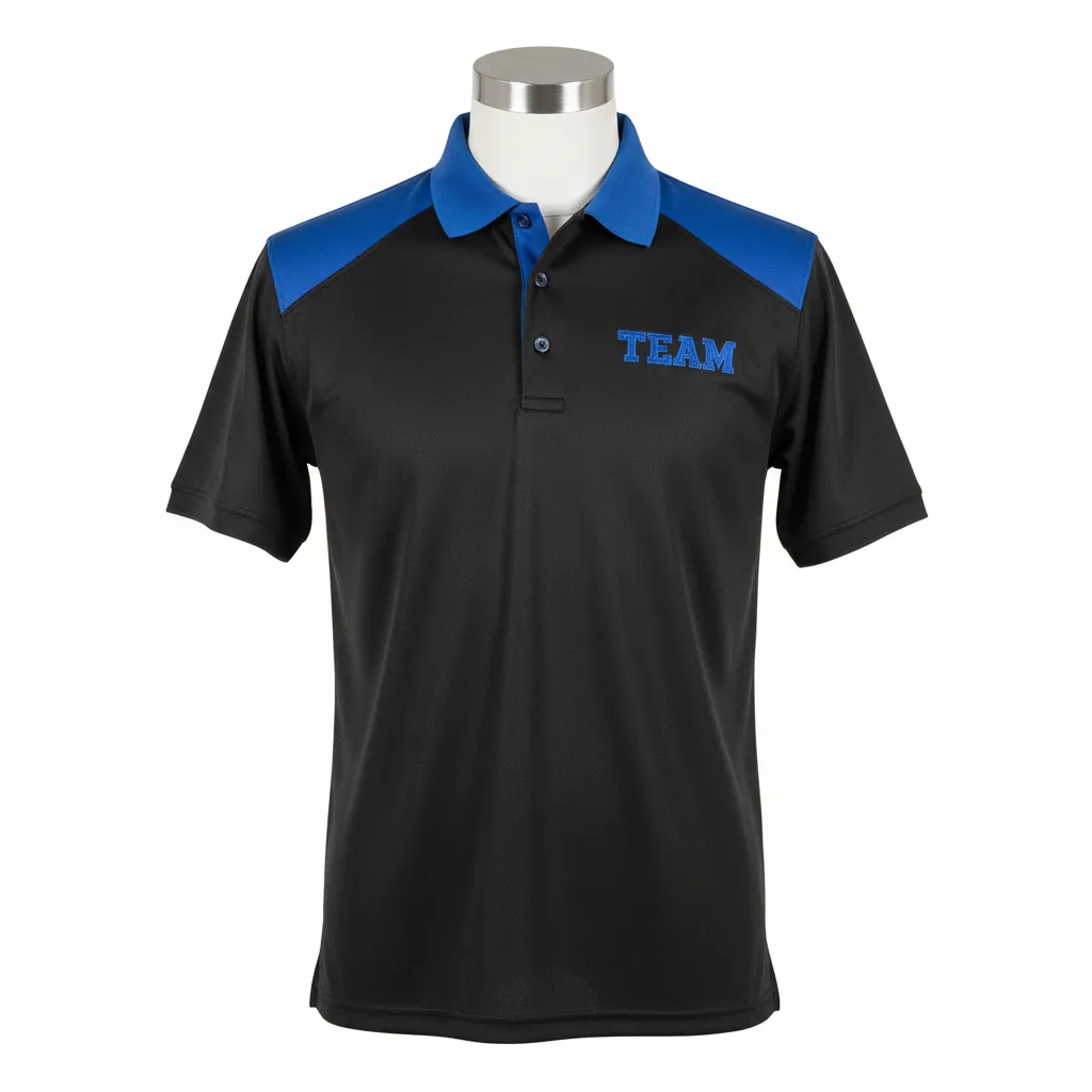 Custom Wrestling Performance Polo Shirt - Black - Polo Shirt Royal Shoulder Panel - Front View - HAMCO Sports Inc.