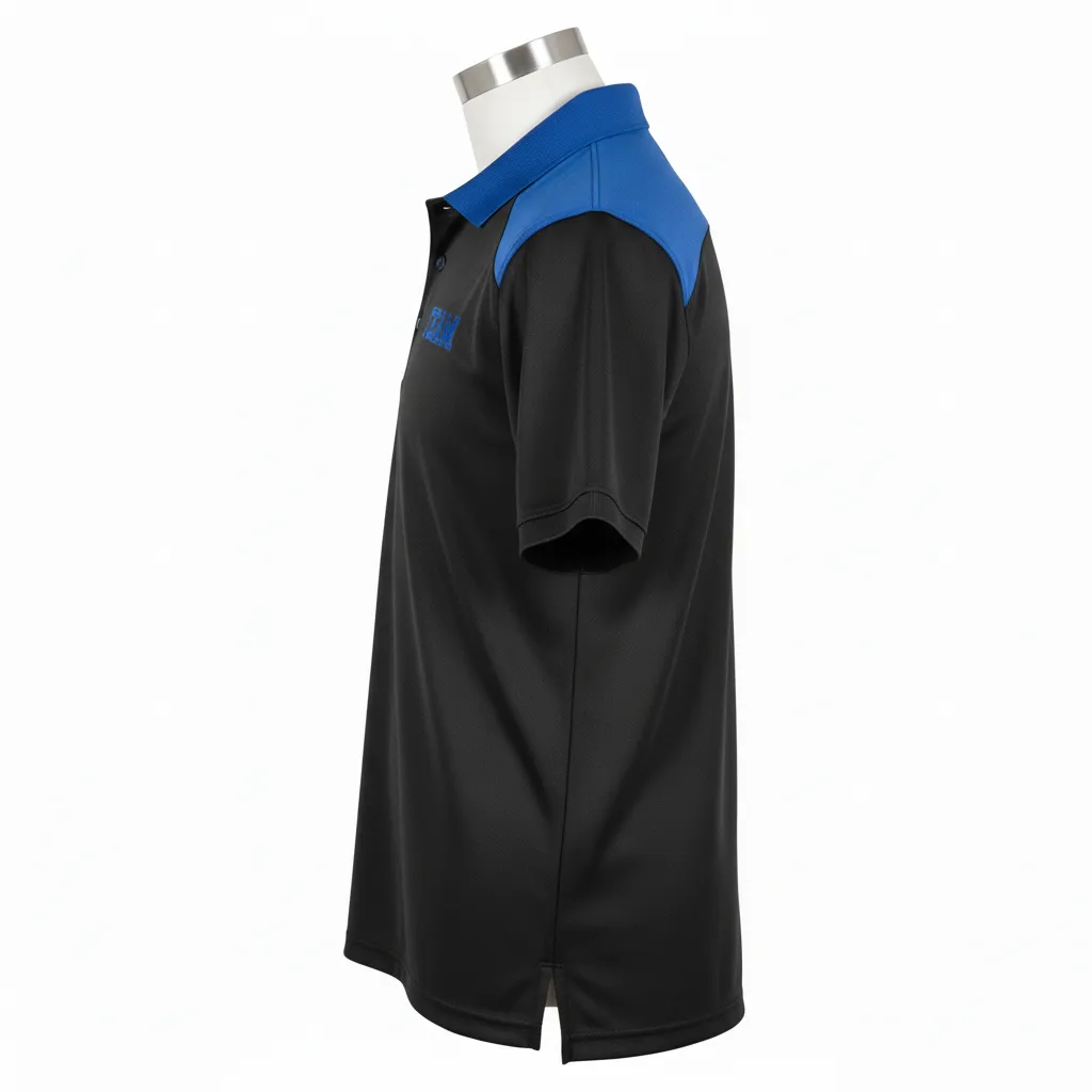 Custom Wrestling Performance Polo Shirt - Black - Polo Shirt Royal Shoulder Panel - Side View - HAMCO Sports Inc.