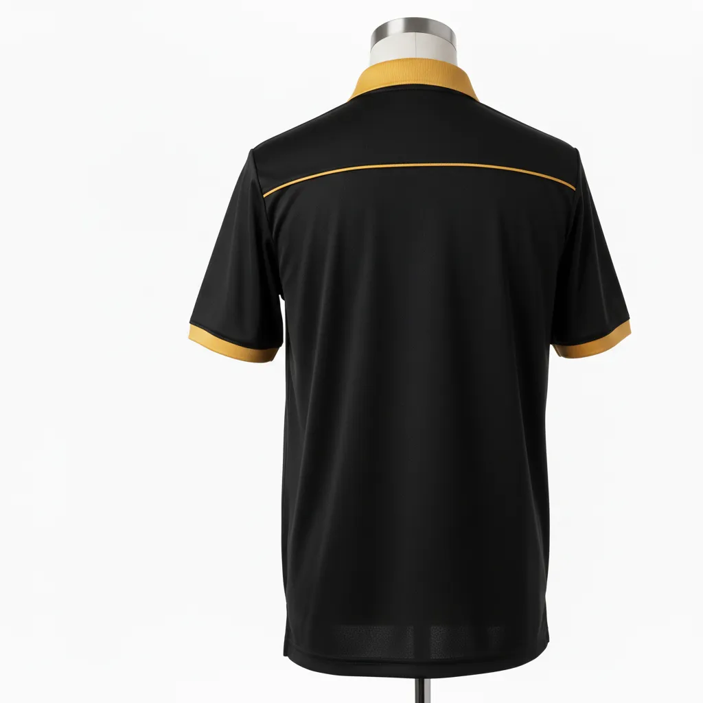 Custom Wrestling Performance Polo Shirt - Black, Gold - Polo Shirt Vegas Collar Trim - Back View - HAMCO Sports Inc.