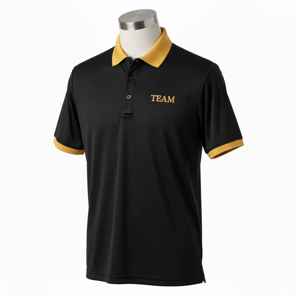 Custom Wrestling Performance Polo Shirt - Black, Gold - Polo Shirt Vegas Collar Trim - Front View - HAMCO Sports Inc.