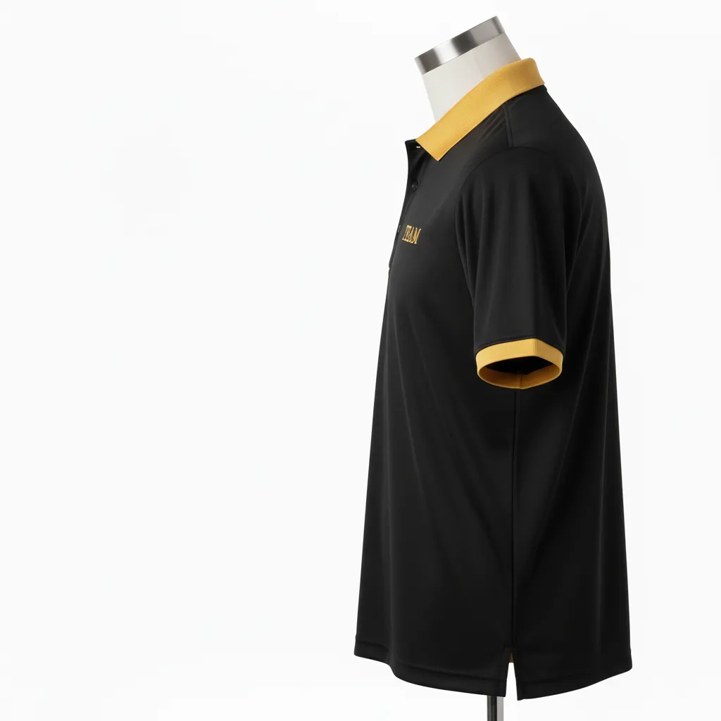 Custom Wrestling Performance Polo Shirt - Black, Gold - Polo Shirt Vegas Collar Trim - Side View - HAMCO Sports Inc.