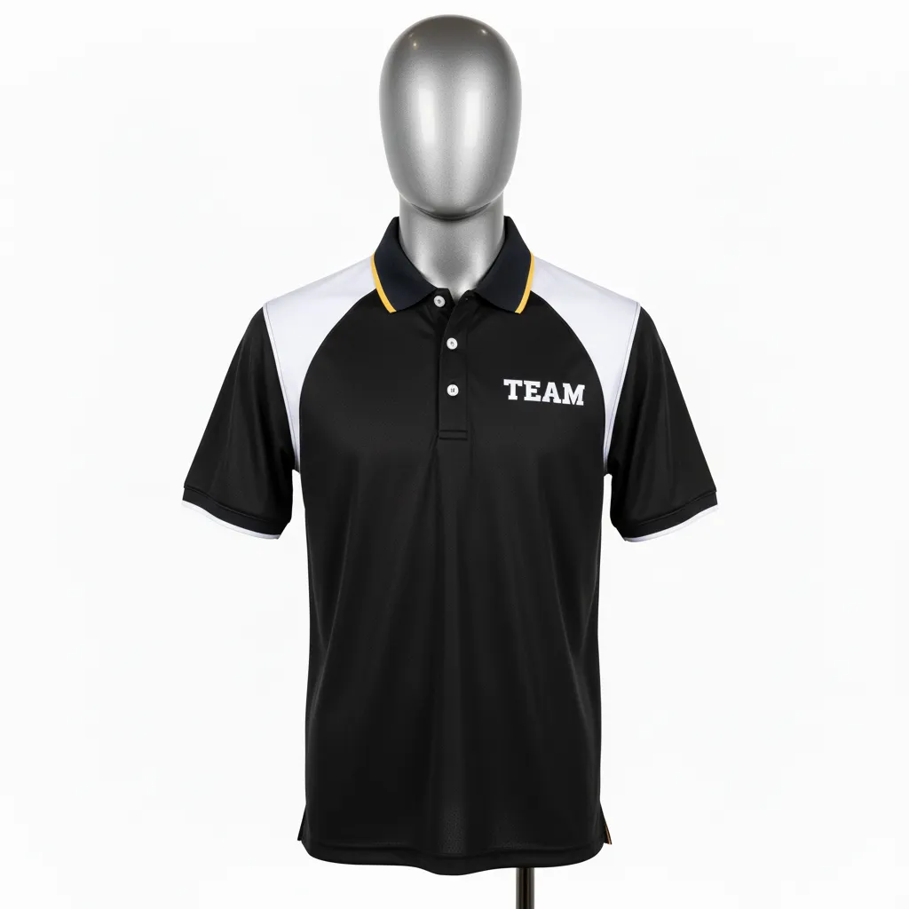 Custom Wrestling Performance Polo Shirt - Black, White - Polo Shirt Shoulder Panel - Front View - HAMCO Sports Inc.