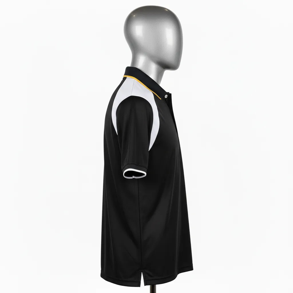 Custom Wrestling Performance Polo Shirt - Black, White - Polo Shirt Shoulder Panel - Side View - HAMCO Sports Inc.